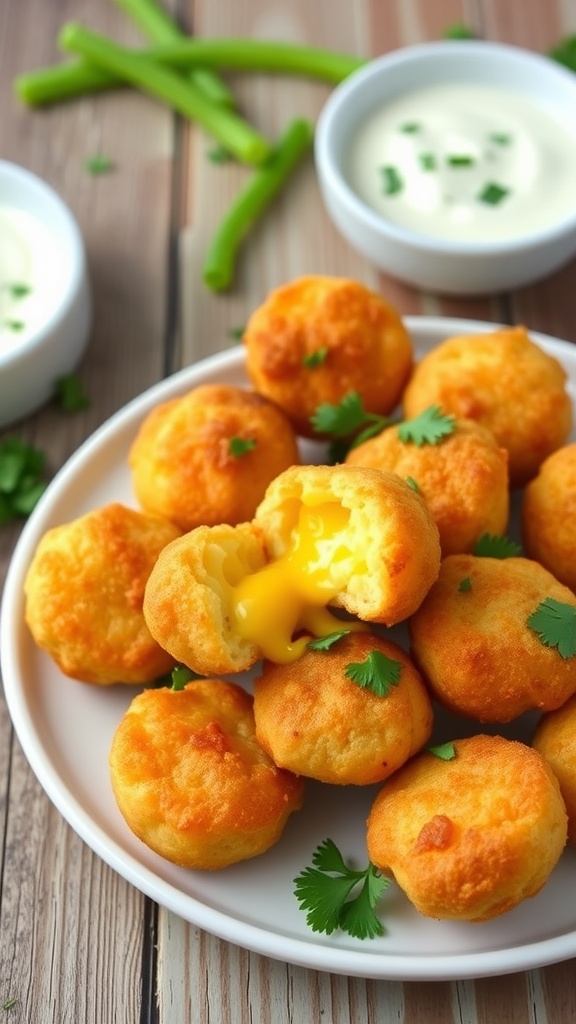 Crispy jalapeño cheese bites on a plate with parsley and ranch dipping sauce.